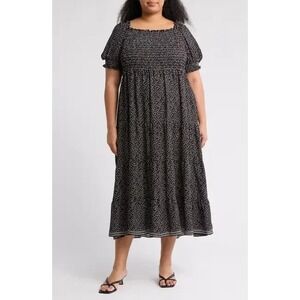 Max Studio Tiered Maxi Dress 1X Black Polka Dot Puff Sleeve Boho Cottagecore NWT